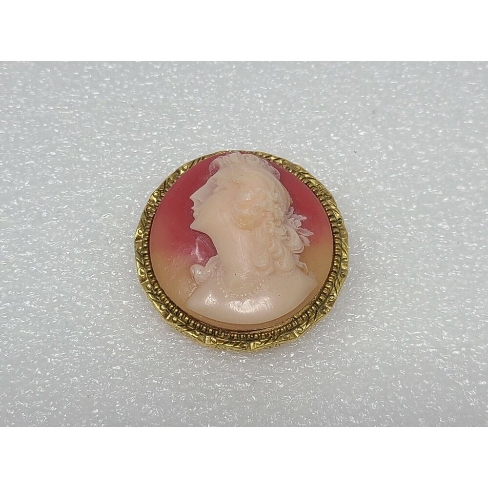 Vintage Left Facing Cameo Pink Shell Carved Brooch Round